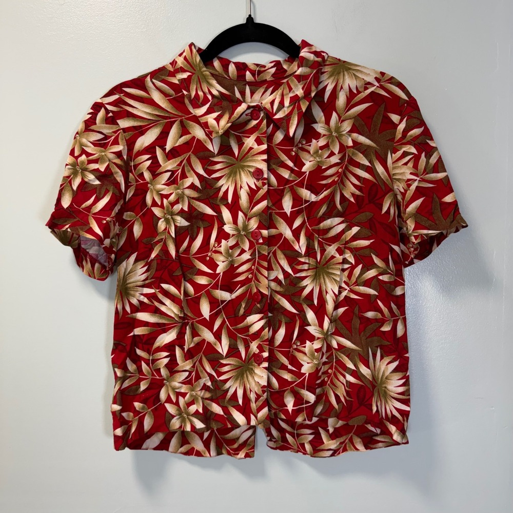 Donna Ricco Vintage Red Floral Rayon Short Sleeve Button Up Top 6 Tropical